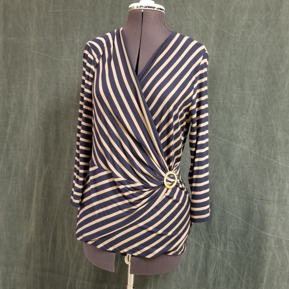 Striped knot top, crossover V-neck, blue and tan,